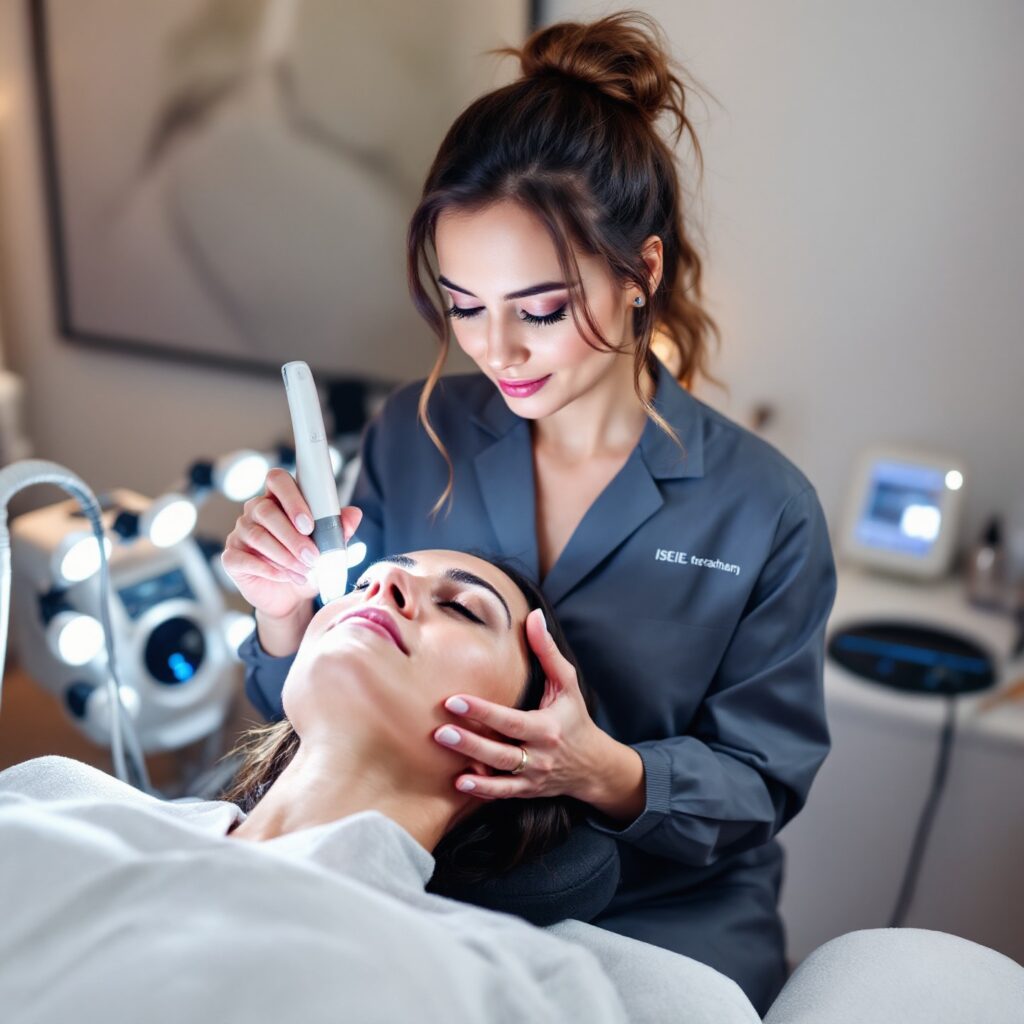Una esteticista aplicando un tratamiento de fototerapia con luz LED a un cliente, como se enseña en un acné quístico tratamiento profesional.