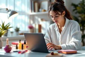 Una persona joven estudiando en su ordenador, con libros y productos de estética a su alrededor, simbolizando la flexibilidad de un curso de estética online certificación.