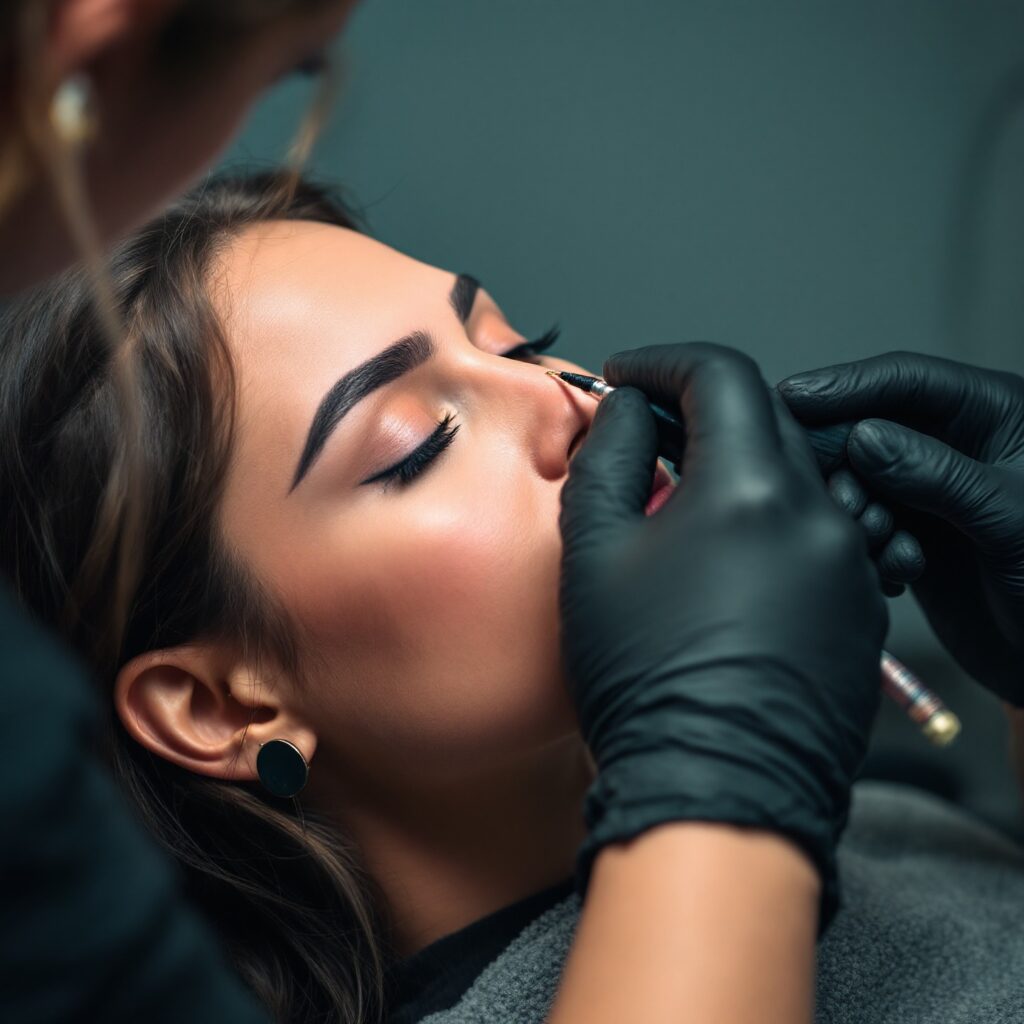 Una especialista de microblading aplicando la técnica de "pelo a pelo" a un cliente, mostrando la precisión y el arte que se aprende en un curso de microblading profesional.