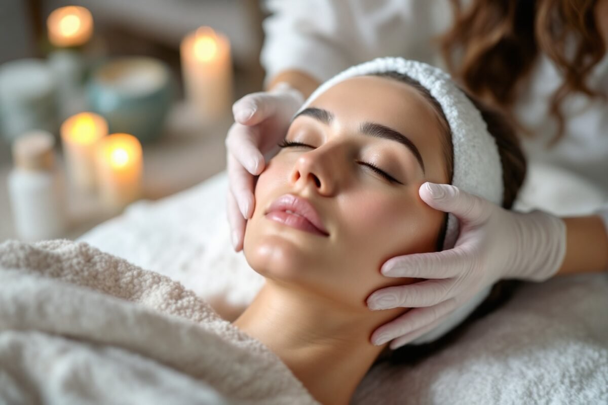 Un profesional de estética aplicando un tratamiento facial en un cliente en un entorno de spa, representando las habilidades que se aprenden en un curso estética profesional.