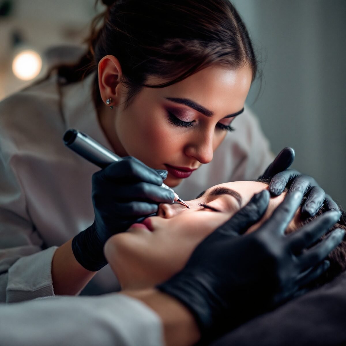 Una especialista de estética aplicando micropigmentación en las cejas de un cliente, usando un demógrafo, representando la precisión que se aprende en un curso de micropigmentación y estética.