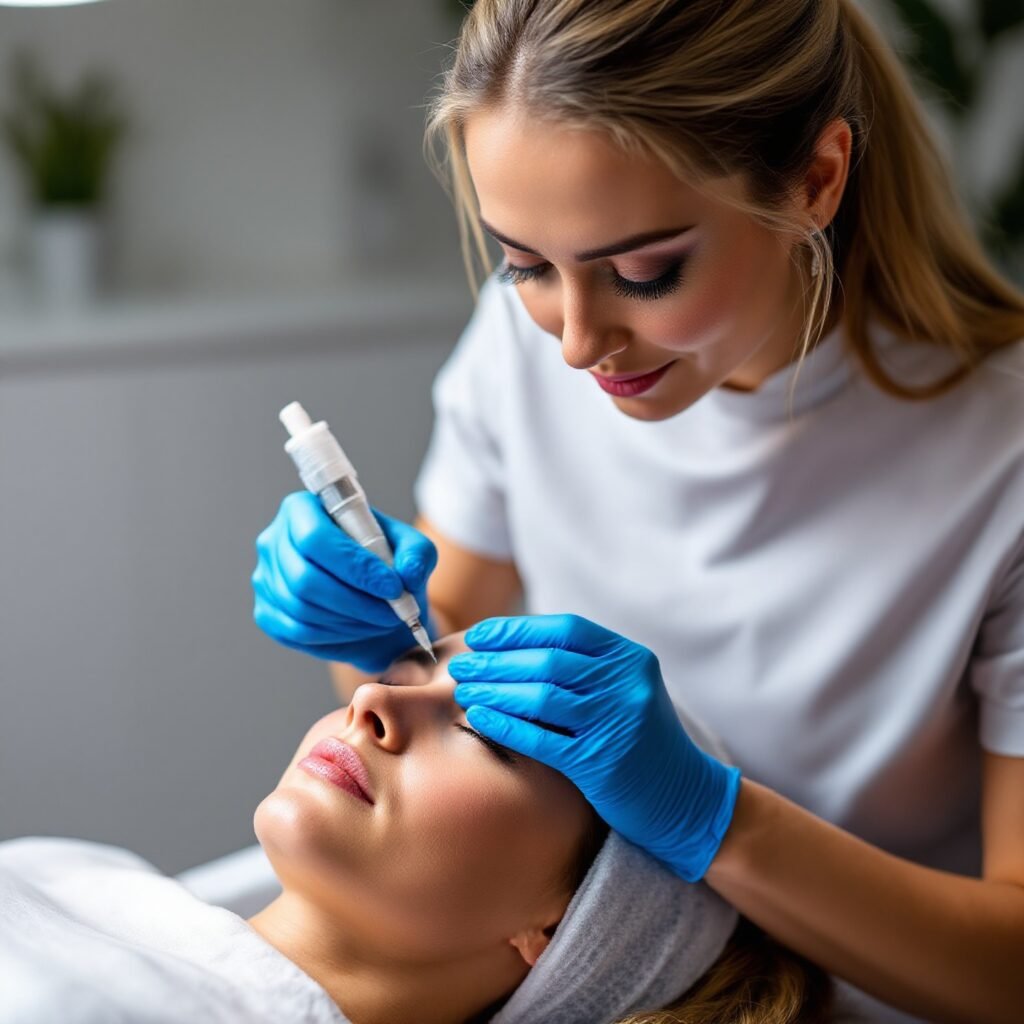 Una esteticista aplicando la técnica de microblading de cejas "pelo a pelo" a un cliente, demostrando una habilidad clave del curso de micropigmentación profesional.