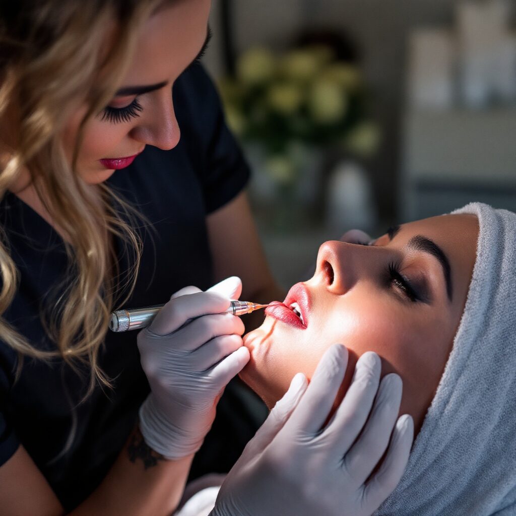 Una profesional de la estética aplicando pigmento en los labios de un cliente, usando un demógrafo, demostrando una técnica avanzada del curso de micropigmentación profesional.