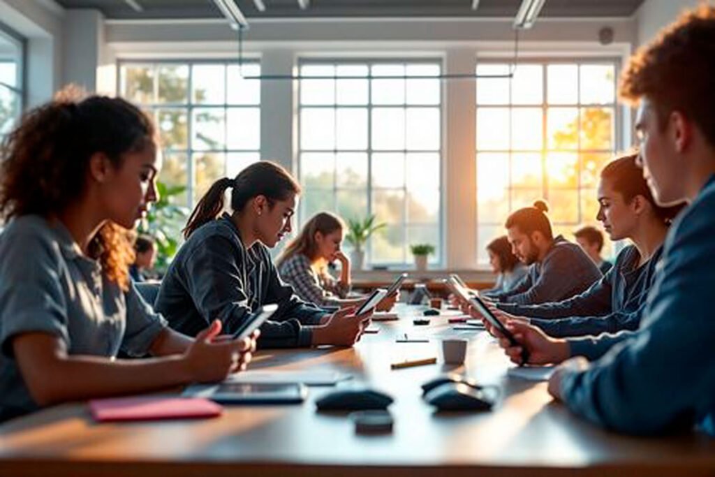 Aula moderna con estudiantes usando tabletas y computadoras en un entorno digital