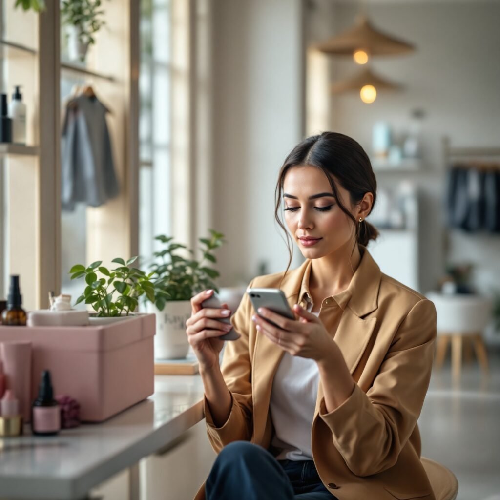 Una persona usando su teléfono móvil para gestionar las redes sociales de su negocio de estética, simbolizando la importancia del marketing digital para montar gabinete estética auxiliar.