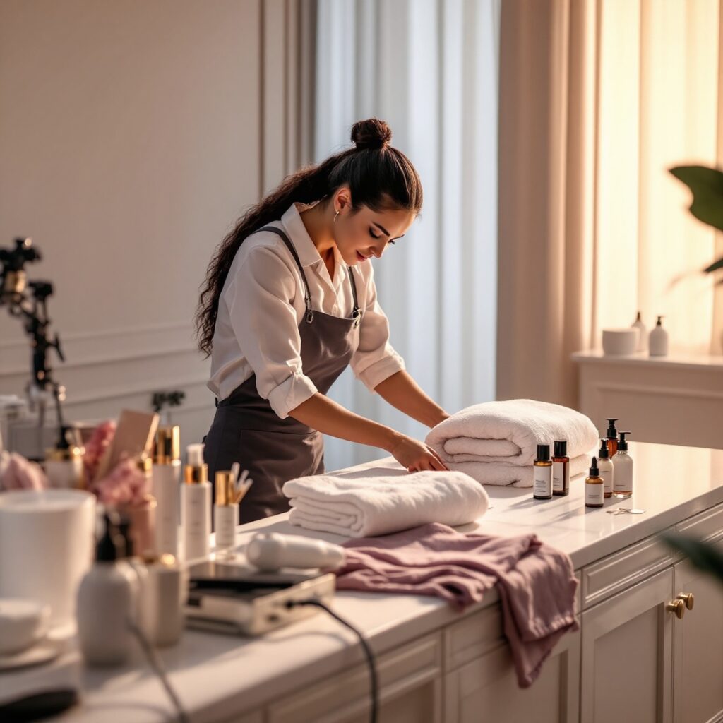 Un auxiliar de estética preparando una cabina de tratamiento, con toallas, productos y equipos ordenados, ilustrando una de las tareas clave de qué hace un auxiliar de estética.