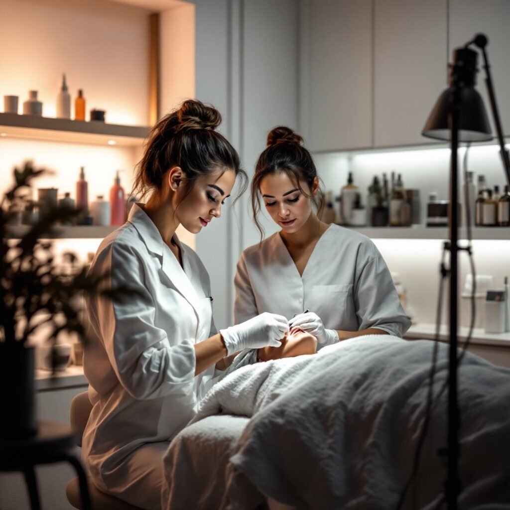 Dos profesionales de la estética, un esteticista y un auxiliar, colaborando en un tratamiento en un salón, representando la importancia del trabajo en equipo en el rol de qué hace un auxiliar de estética.